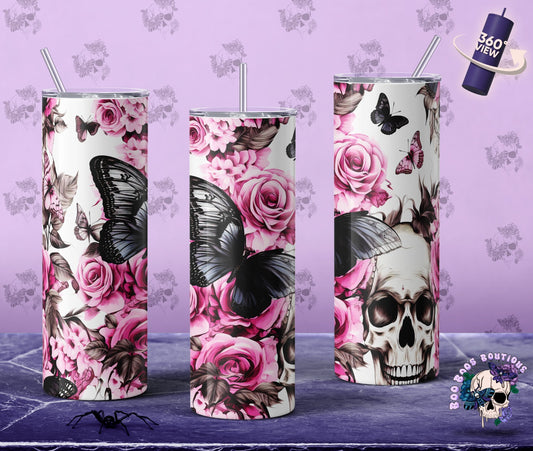 Wholesale Pink flowers and skulls with butterfly 20oz Tumblr MTO