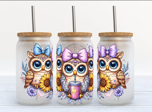 16oz Frosted Glass Cup 3 Owls drinking