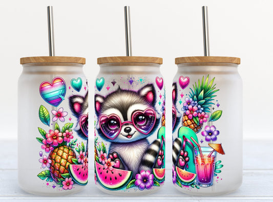 16oz Frosted Glass Cup Summertime Raccoon