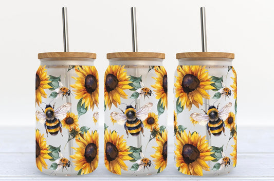 16oz Frosted Glass Cup Bees & sunflowers