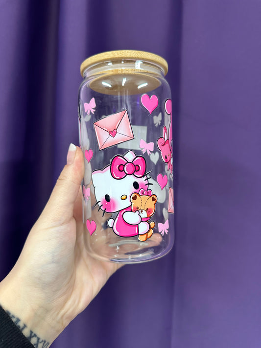 Thursday Deal - Kitty love & letters 16oz Glass cup with lid & straw