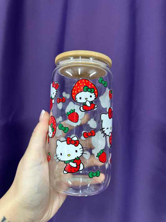 Thursday Deal - Strawberry Kitty 16oz Glass cup with lid & straw