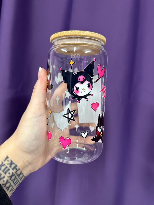 Thursday Deal - Black Kitty Cat bestie 16oz Glass cup with lid & straw