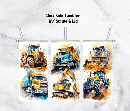 15oz kids tumbler - watercolor excavators & dumptrucks