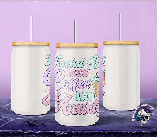 Fueled by anxiety & coffee 16oz Frosted Glass cup