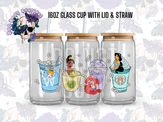 Princess Cups (16oz Clear glass completed cup with Lid & straw)
