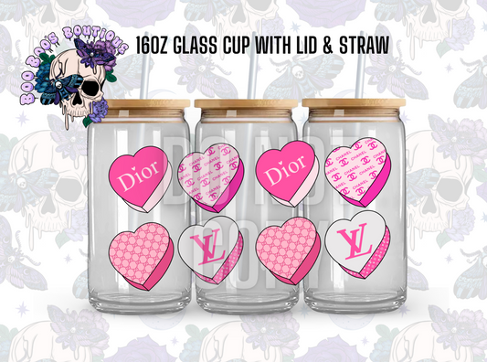 Special hearts (16oz Clear glass completed cup with Lid & straw)