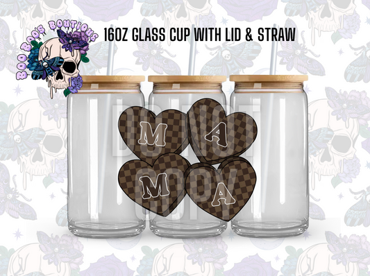Brown Mama checkered (16oz Clear glass completed cup with Lid & straw)