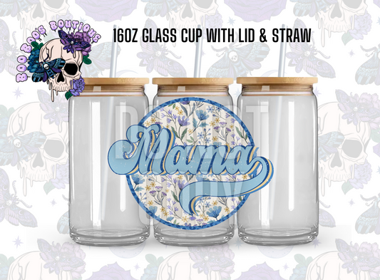 Mama blue flowers (16oz Clear glass completed cup with Lid & straw)