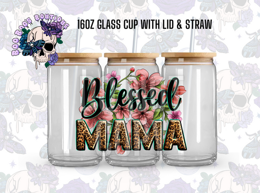 Blessed mama Boho (16oz Clear glass completed cup with Lid & straw)