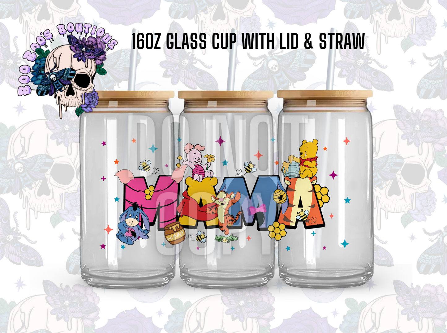 Forest friends MAMA (16oz Clear glass completed cup with Lid & straw)